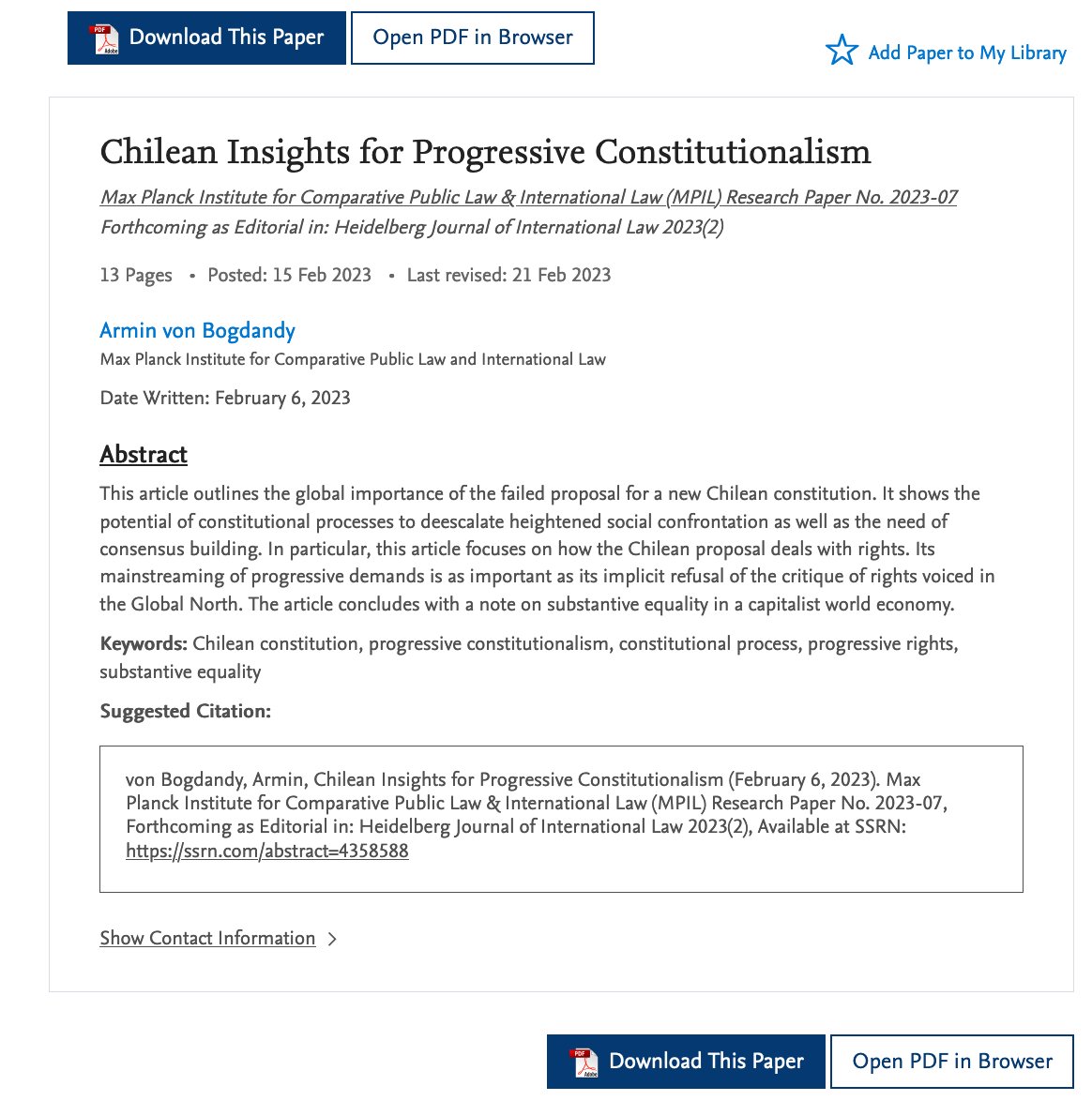 MPILheidelberg's tweet photo. In #MPIL Research Paper Series No.2023-07 Prof. Armin von Bogdandy outlines the importance of the failed proposal for a #NewChileanConstitution for #constitutionalprocesses and #constitutionalism around the globe.
👉https://t.co/7O0NseO1Uq https://t.co/mTFknSfksC