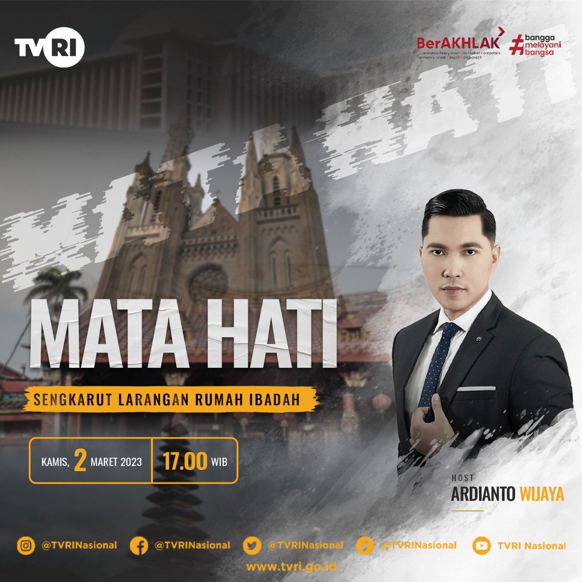 TVRINasional's tweet photo. Jangan lupa saksikan Mata Hati “Sengkarut Larangan Rumah Ibadah”
Kamis, 02 Maret 2023 pukul 17.00 WIB hanya di TVRI Nasional.
#TVRI #TVRINasional #MediaPemersatuBangsa #MataHati https://t.co/r8CERvJ9Rl