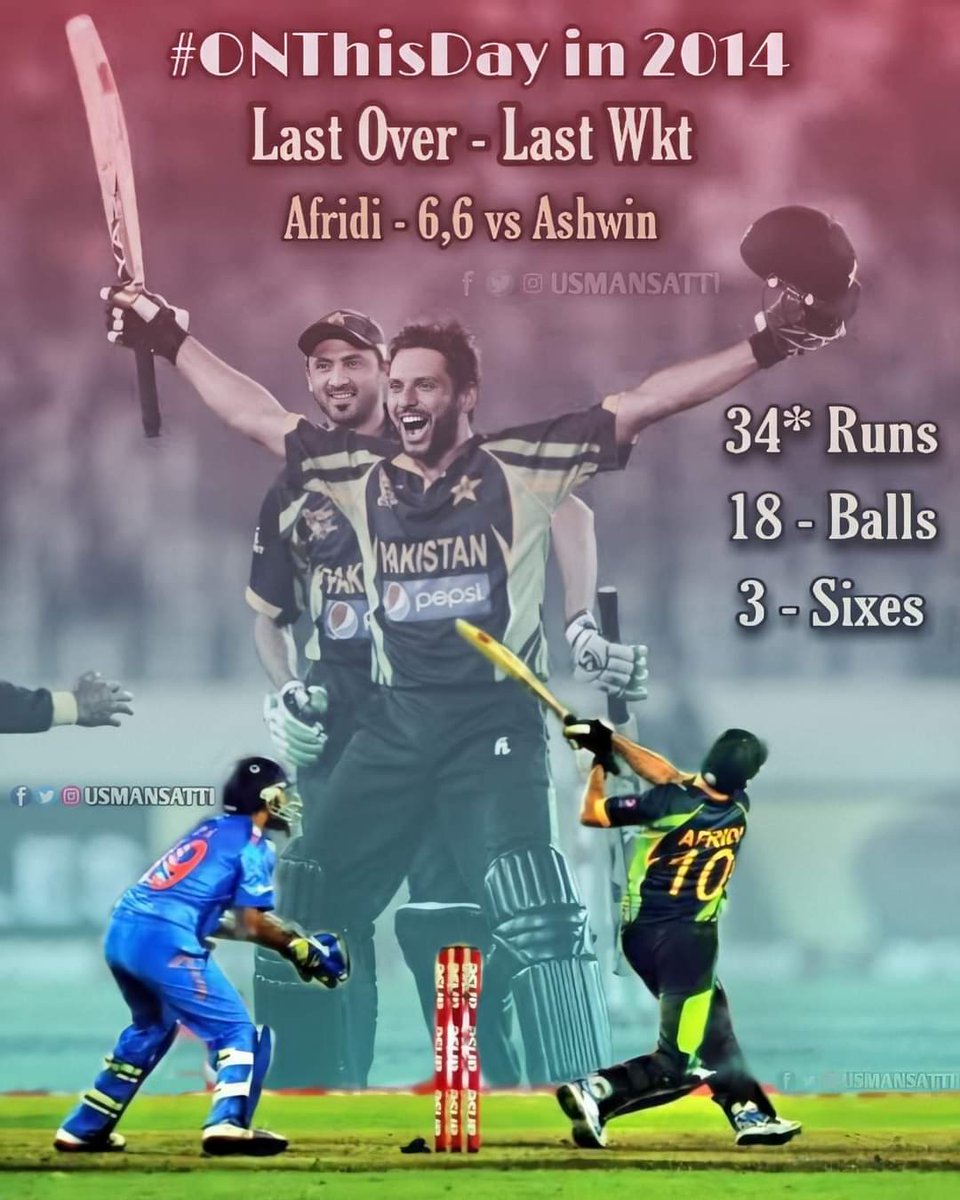 usmansatti476's tweet photo. #OnThisDay in 2014,
Pakistan ๐ต๐ฐ vs India ๐ฎ๐ณ #AC2014
@SAfridiOfficial vs Ravi Ashwin
Pakistan won by 1 wicket, Shahid Afridi smashed 2 consecutive sixes against Ashwin in last over, and won match for his side. #BoomBoom https://t.co/HUE7wrnhKr