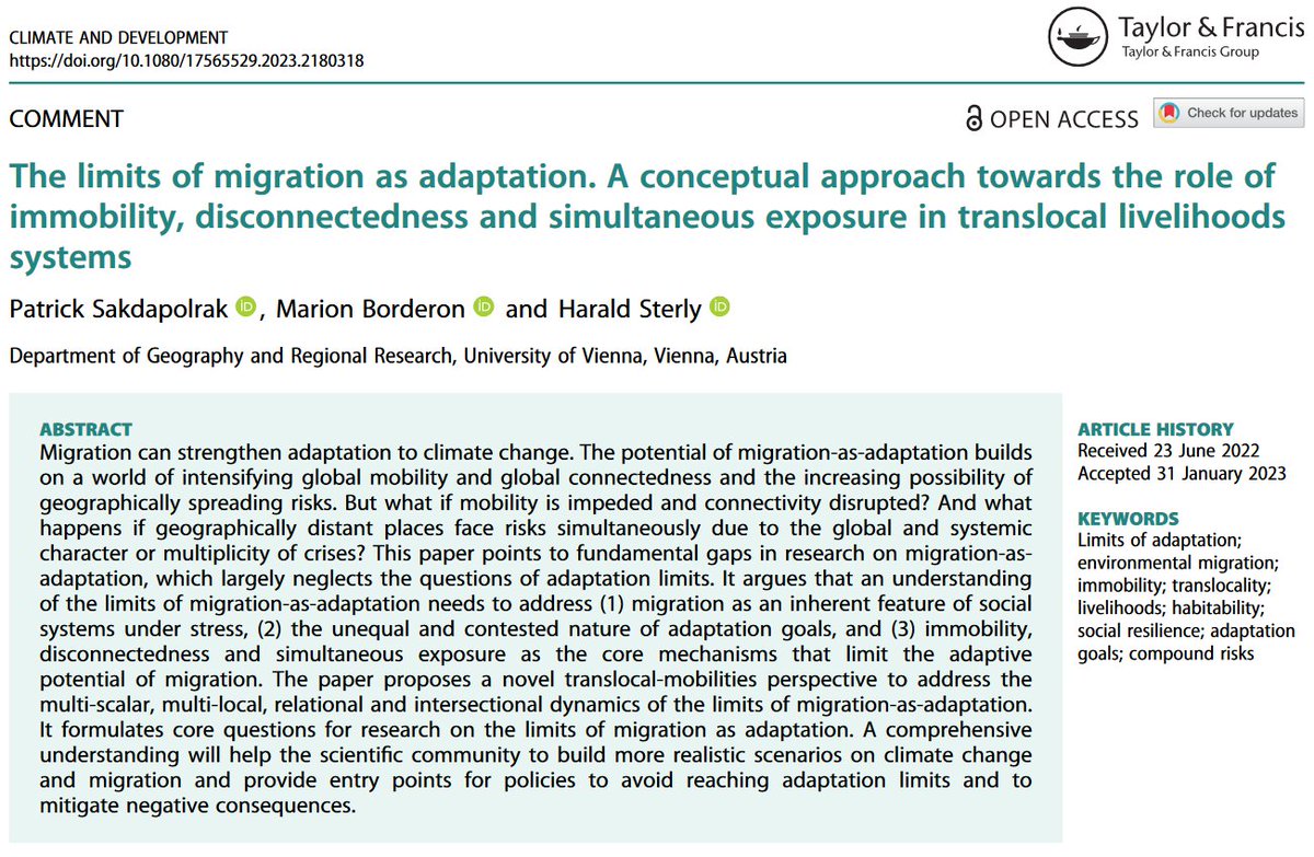 🎉Congratulations to @PSakdapolrak, @MarionBorderon & @hasterly for publishing 'The limits of #migration as #addaptation' in @ClimDevJournal 📑 Read abt what disconnectedness, immobility and simultaneous exposure mean for translocal households 🌐 doi.org/10.1080/175655…
