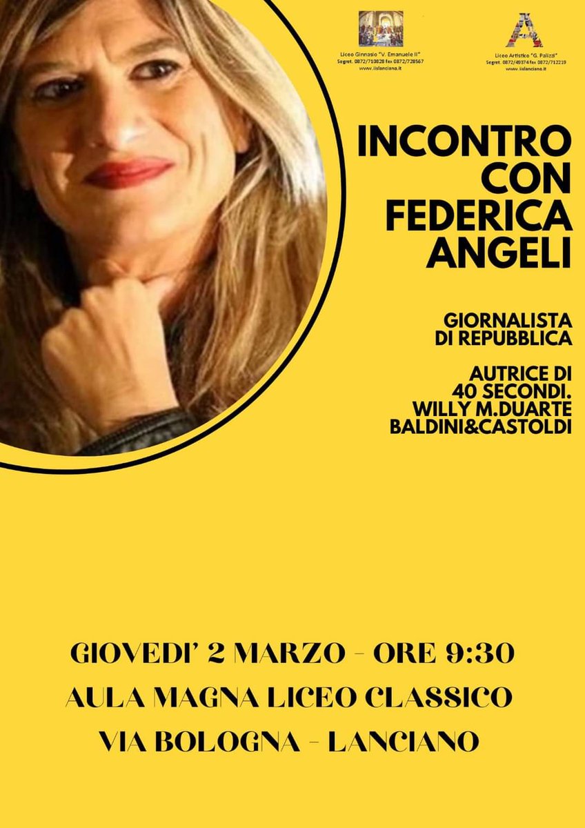 Wonderissima's tweet photo. Oggi siamo qui. Al liceo classico di Lanciano con tantissimi ragazzi che si stanno emozionando e stanno decidendo cosa preparare per il Talent Antimafia.

Siamo certi che Federica saprà essere per loro una fonte d'ispirazione incredibile!
Forza ragazzi!!
#uil#noi #talentantimafia https://t.co/SScuicUSOr