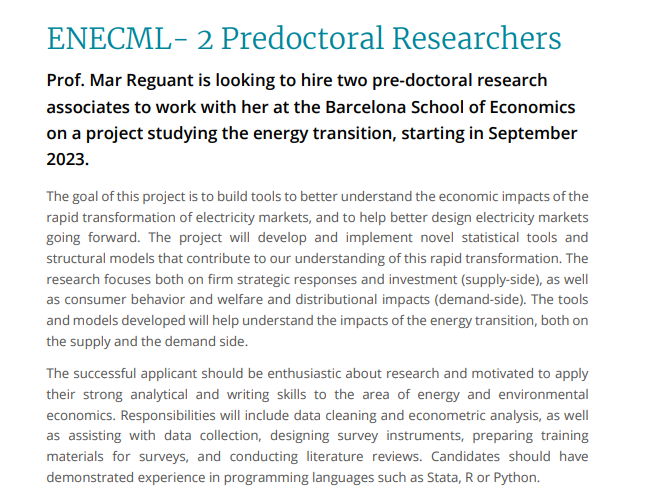 Call for Pre-docs! Apply to work on Electricity Markets and the Energy Transition with @MarReguant at @bse_barcelona For more details visit: events.bse.eu/live/files/423… @econ_ra