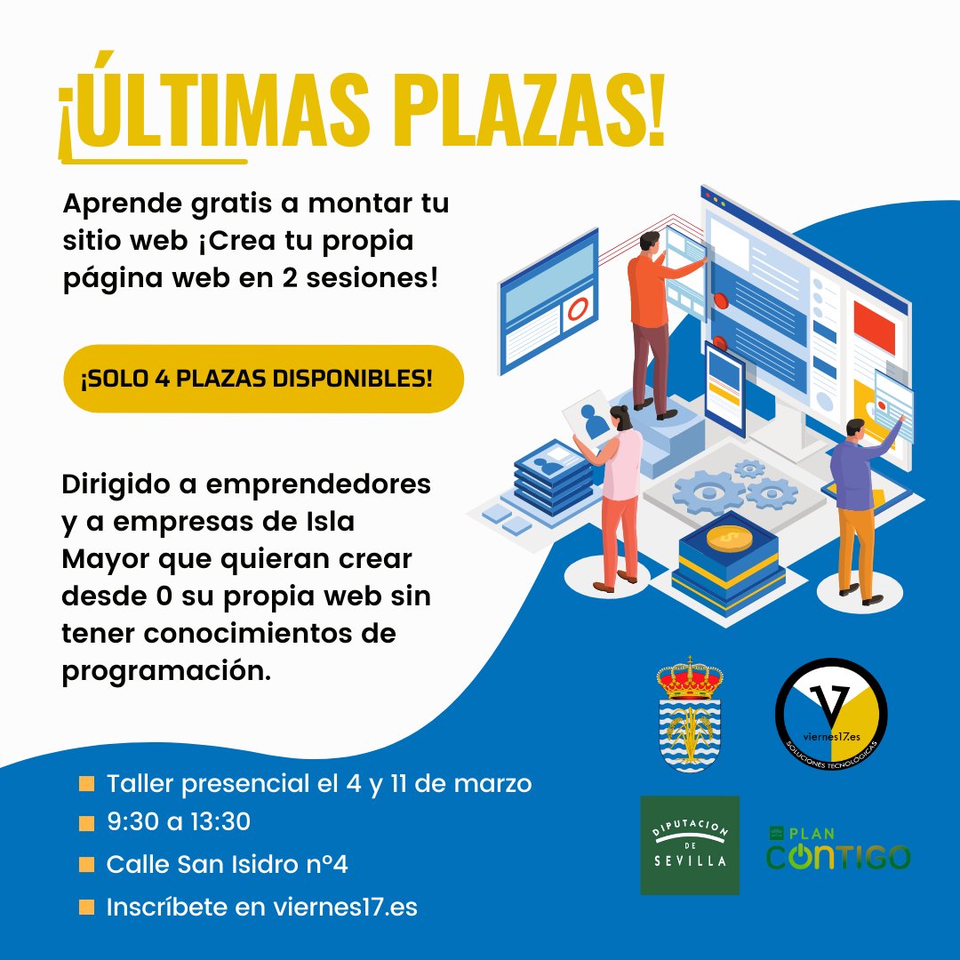 Viernes17es's tweet photo. Últimas 4 plazas para aprender a crear tu propia web🌐 ¡Es gratis!

Las 15 personas inscritas crearán la web de su propio negocio💼

✔Sábado 4 elegiremos el dominio y diseño de contenidos
✔Sábado 11 daremos forma a sus productos y servicios

Más info https://t.co/eiLcBT27fG https://t.co/ZXgPwovmeN