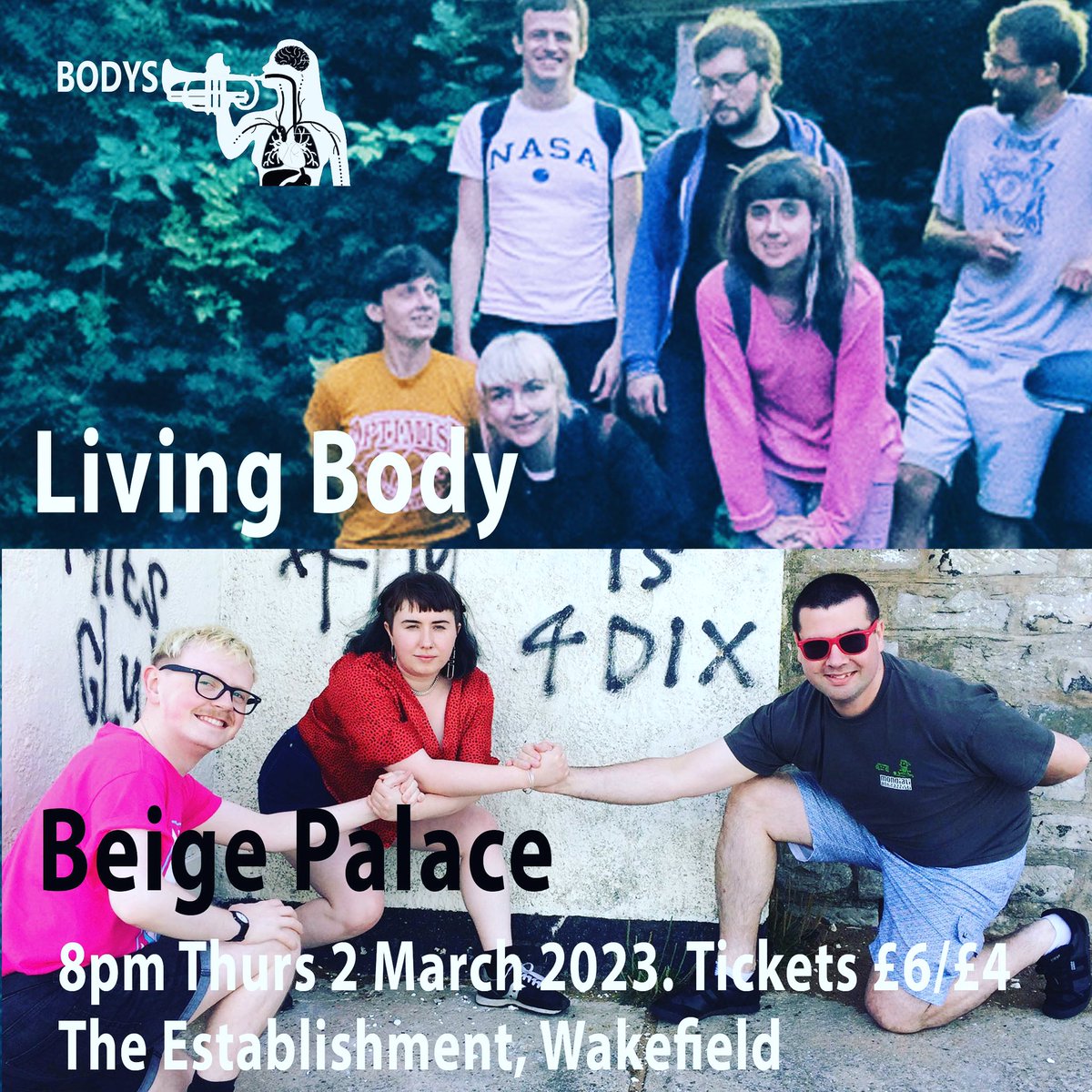 Tonight! Our next lovely Bodys gig at @EstablishmentWF on Westgate, Wakefield (dead near the train station). 8pm doors 8.30pm beige palace 9.15pm @livingbodylife 10pm bed-time or socialise-time Tickets £6/4 on the door or in bio link. See you in a bit 😍