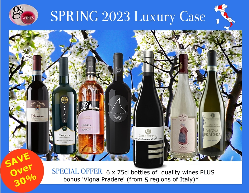 Our #SPRING 2023 #Luxury Case offer of #quality #Italian #food-friendly #wines from 5 regions of #Italy -  #Lombardy #Umbria #Calabria #LeMarche #Abruzzo 4 #Springtime drinking Incl. #Verdicchio a  #rosé #Sangiovese #Montepulciano, #Pecorello+bonus sparking #PinotNero #GSSPRING23