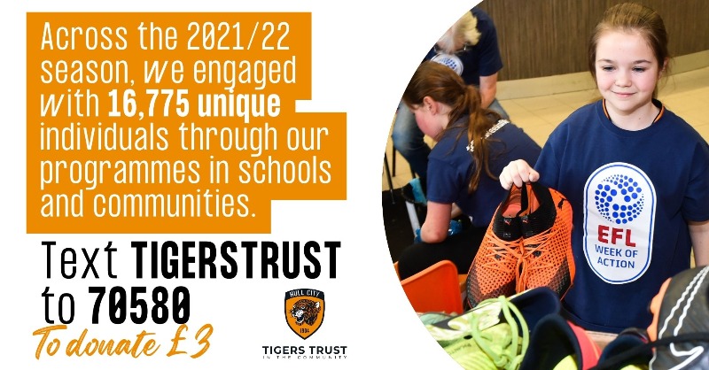 HullCity's tweet photo. Tonight's game against West Brom has been selected as our seasonal Tigers Trust Matchday in which we highlight the fantastic work the @tigerstrust does. 🧡

📲 Donate £3 by texting 𝐓𝐈𝐆𝐄𝐑𝐒𝐓𝐑𝐔𝐒𝐓 to 70580! 

#hcafc