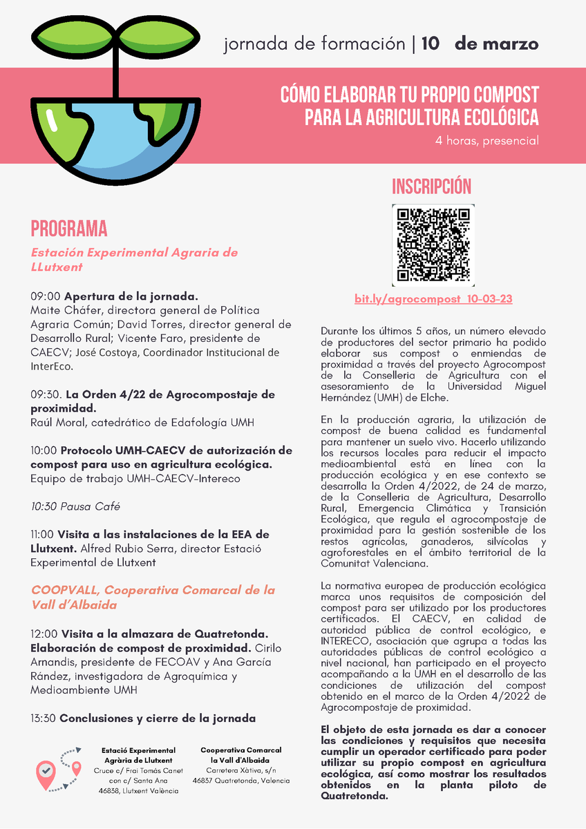 CoopsAgroCV's tweet photo. JORNADA DE FORMACIÓN
Cómo elaborar tu propio compost para la agricultura ecológica
📅 10/03. 09:00-13:30 horas
📍 EEA Llutxent y CoopVall (Quatretonda)

Más info:
➡️ https://t.co/UtSXESECr2
Inscripciones:
➡️ https://t.co/WyGWKpjWeu https://t.co/dxVIsIN7QW