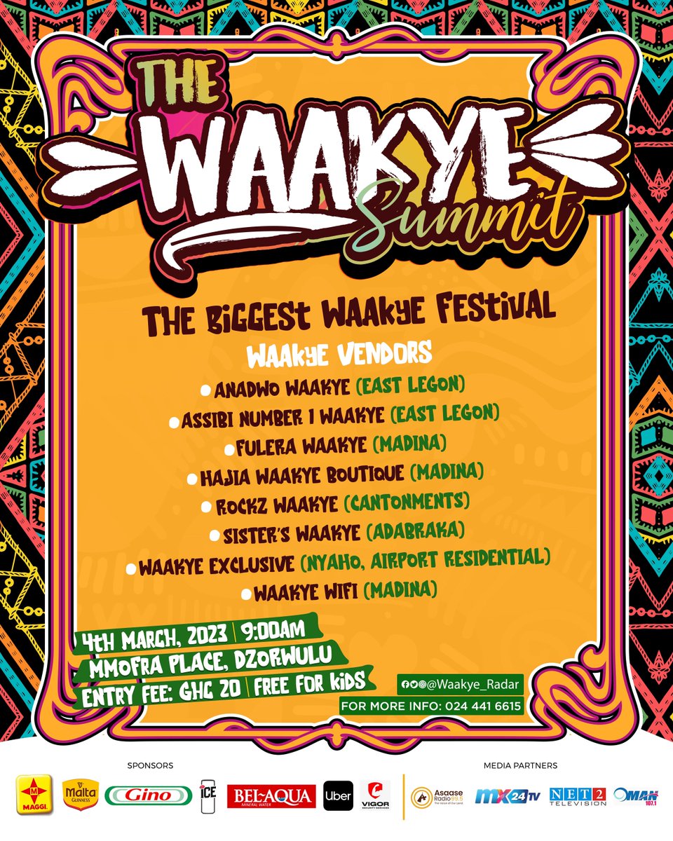 ‼️ Here’s our lineup of Waakye vendors for this edition of The Waakye Summit🔥 #ForTheLoveOfWaakye 

Use Uber promo code WAAKYESUMMIT23 for 40% discount on your rides to and from the event.

Pay your entry fee early and with ease via eGotickets using the shortcode *713*33*77#