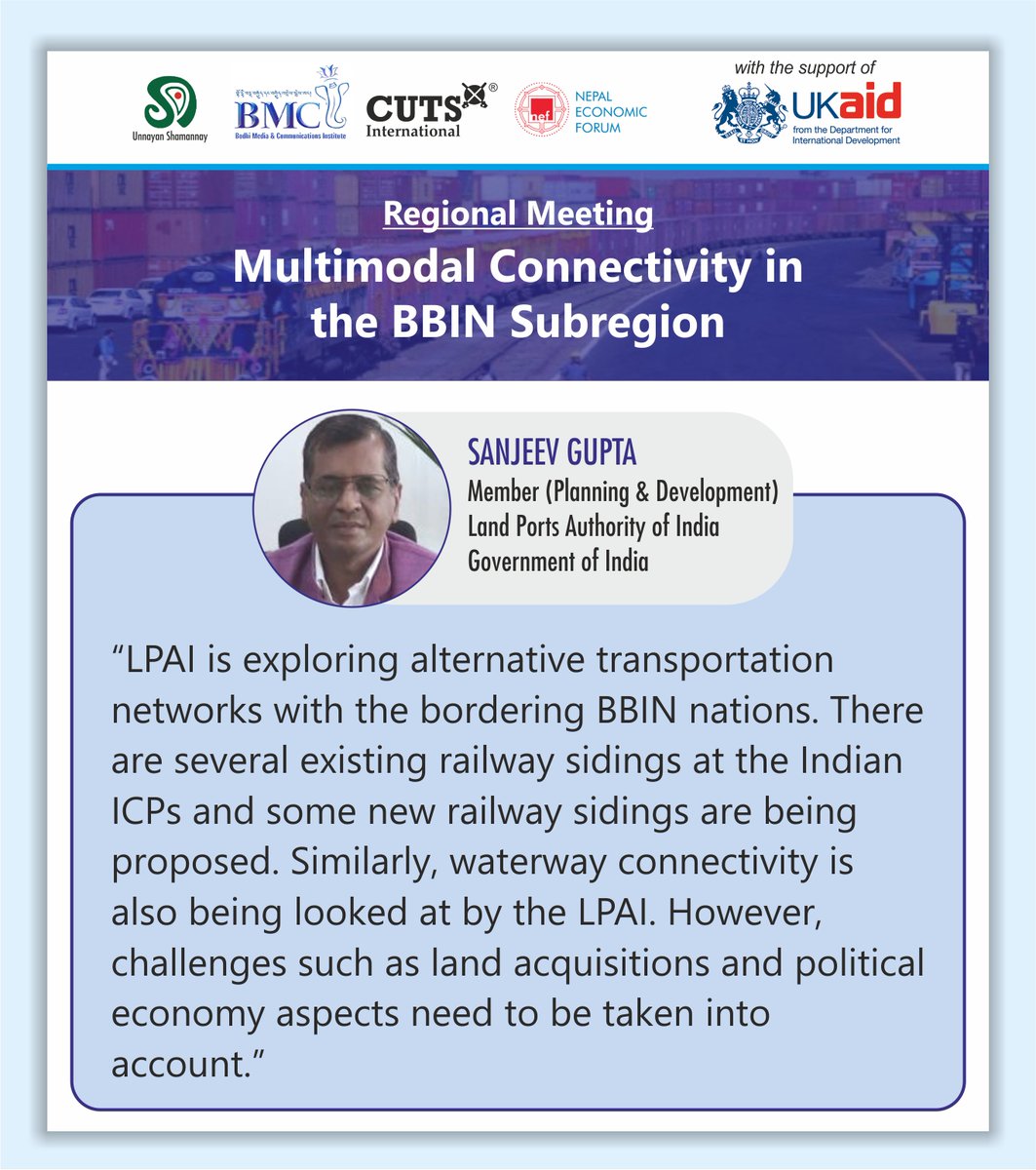 CUTS M-Connect Project (@cuts_mconnect) on Twitter photo Happening Now⬇️
#Regional #Meeting on #Multimodal #Connectivity in the #BBIN #Subregion
Join at: us06web.zoom.us/j/82291693356?…
#MConnect
<a href="/bc_cuts/">Bipul Chattopadhyay</a> <a href="/LPAI_Official/">Land Ports Authority of India</a> <a href="/unsy_org/">Unnayan Shamannay</a> <a href="/NEFNepal/">Nepal Economic Forum</a> <a href="/Bhutan_MCI/">BMCI</a> <a href="/FCDOGovUK/">Foreign, Commonwealth & Development Office</a> <a href="/Clement_Kuan/">Kuancheng Huang</a> <a href="/SecyP2DS/">Dr A Didar Singh</a> <a href="/BimstecInDhaka/">BIMSTEC</a> <a href="/ADB_HQ/">Asian Development Bank</a> <a href="/sasecprogram/">SASEC</a> <a href="/IWAI_ShipMin/">IWAI</a> Happening Now⬇️
#Regional #Meeting on #Multimodal #Connectivity in the #BBIN #Subregion
Join at: us06web.zoom.us/j/82291693356?…
#MConnect
<a href="/bc_cuts/">Bipul Chattopadhyay</a> <a href="/LPAI_Official/">Land Ports Authority of India</a> <a href="/unsy_org/">Unnayan Shamannay</a> <a href="/NEFNepal/">Nepal Economic Forum</a> <a href="/Bhutan_MCI/">BMCI</a> <a href="/FCDOGovUK/">Foreign, Commonwealth & Development Office</a> <a href="/Clement_Kuan/">Kuancheng Huang</a> <a href="/SecyP2DS/">Dr A Didar Singh</a> <a href="/BimstecInDhaka/">BIMSTEC</a> <a href="/ADB_HQ/">Asian Development Bank</a> <a href="/sasecprogram/">SASEC</a> <a href="/IWAI_ShipMin/">IWAI</a>