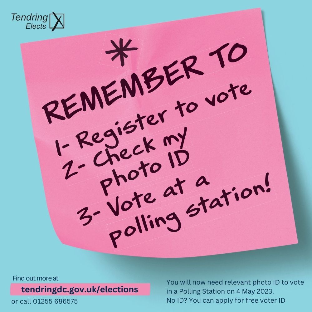 Tendring_DC's tweet photo. Remember if you don’t have one of these forms of ID showing your registered name and an up to date photo, you can always apply for a free Voter Authority Certificate at 
https://t.co/C5n7SolRbO.

The deadline to apply is 5pm on Tuesday 25 April 2023. https://t.co/NM4o6MhEph