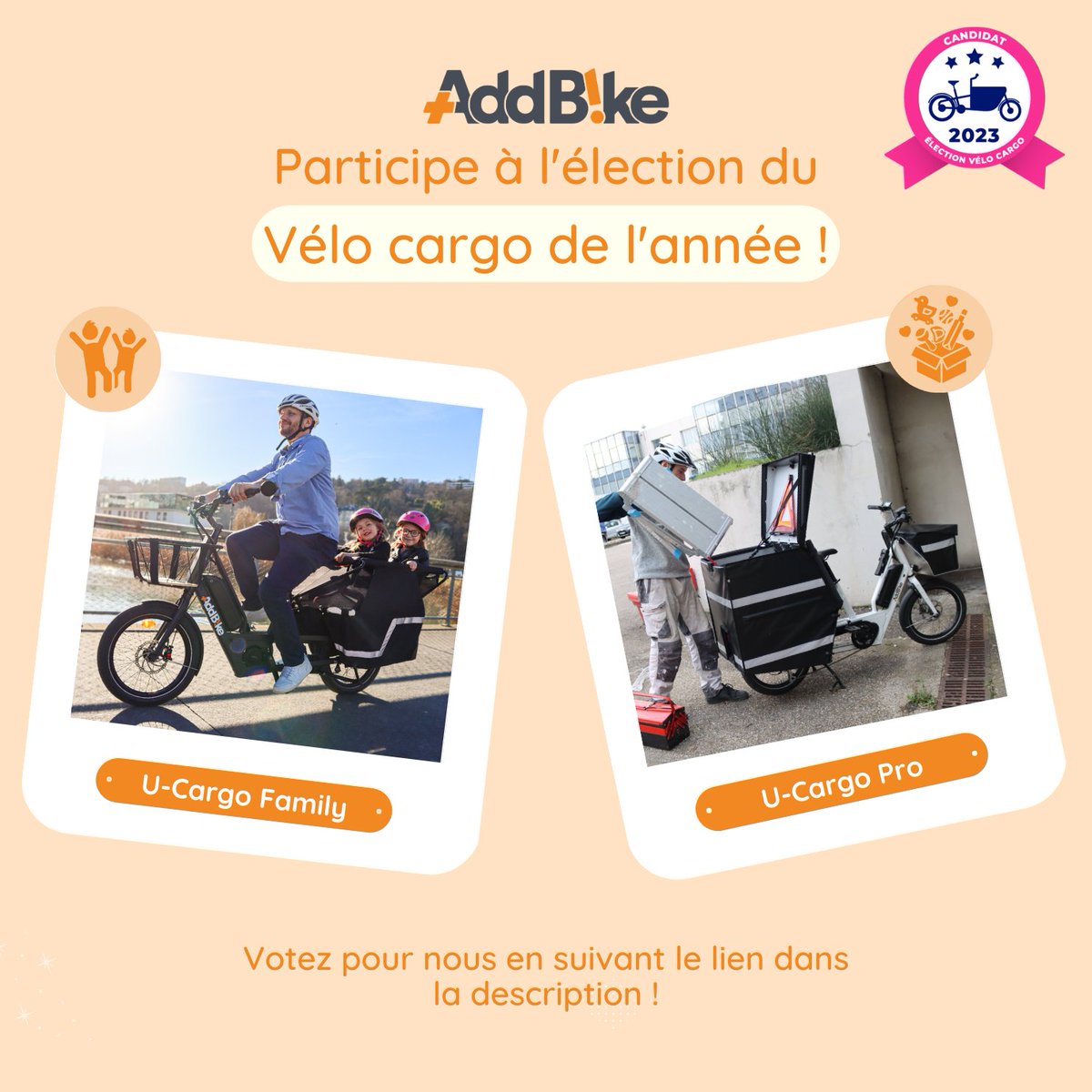 Nous avons besoin de vous pour gagner l'élection du meilleur #vélocargo de l'année ! 🚴‍♂️🚴‍♀️ 
Il suffit de cliquer sur le lien ci-dessous et de choisir nos deux produits (U-Cargo Pro et U-Cargo Family) :
👉 cargobikefestival.fr/election/
Merci d'avance pour votre participation ! 💪