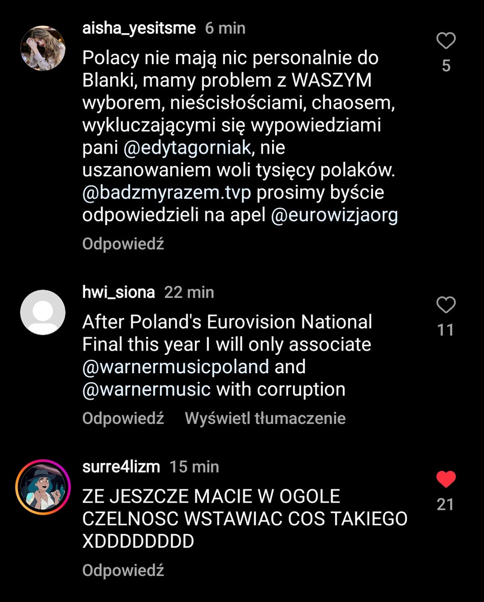 vulnerablexgirl's tweet photo. Pod nowym postem @TVP na instagramie znów pojawiło się wiele komentarzy odnośnie preselekcji.

Telewizja Polska po raz kolejny ignoruje pytania i prośby ludzi, a na inne komentarze niezwiązane z eurowizją odpowiadają.

#tubijeserceeuropy #Eurovision2023 #Eurovision https://t.co/EutQlqu0Mi
