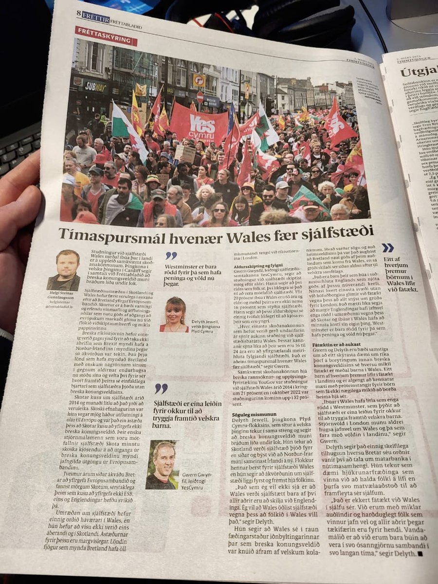 “Welsh independence now only a matter of time” 

Tímaspursmál hvenær Wales fær sjálfstæði - Fréttablaðið

Fréttablaðið is one of Iceland’s most read national newspapers 🗞️ 

Iceland of course being a great example of a small European nation thriving via independence!

🏴󠁧󠁢󠁷󠁬󠁳󠁿 🤝 🇮🇸