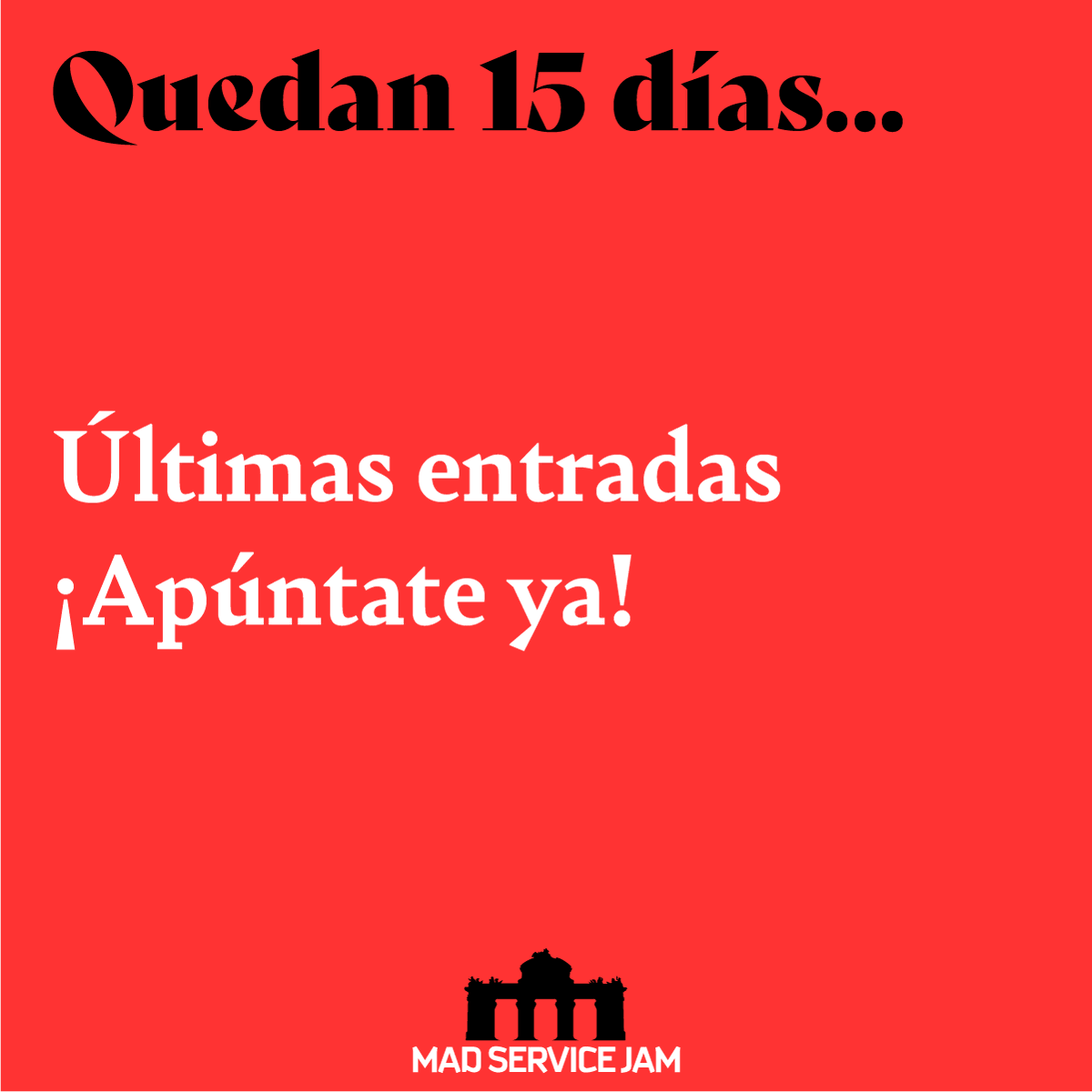 A 15 días de la Jam quedan muy poquitas entradas… te lo estás pensando, haciendo cábalas, sopesando los pros y los contras, y en cuanto te quieras decidir ya se habrán acabado las plazas. 
Así que, ¿a qué esperas?
#gsjam #thisiswhywejam #madservicejam

madservicejam23.eventbrite.es