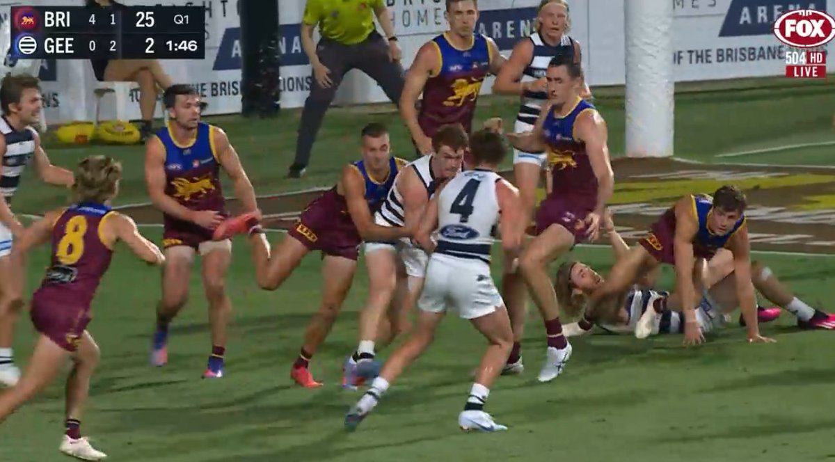Remarkable to see six Irish players involved in one AFL game. Currently playing pre-season fixture. 

Geelong: Mark O'Connor, Zach Tuohy, Oisin Mullin (emergency) 
Brisbane: Conor McKenna, Darragh Joyce, James Madden