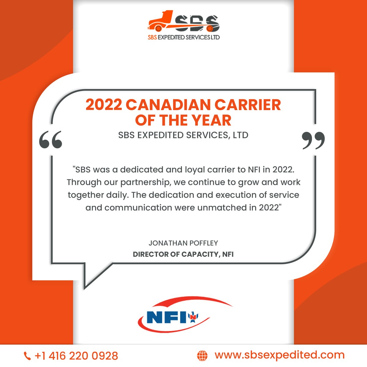 SBS Expedited is recognized as the 2022 Canadian Carrier of The Year by NFI for being a dedicated and loyal carrier.
.
.
.
#sbs #sbsexpedited #canadian #carrier #freight #logistics #freightsolution #dedicatedcarrier #recognition #efficient #logisticsservice