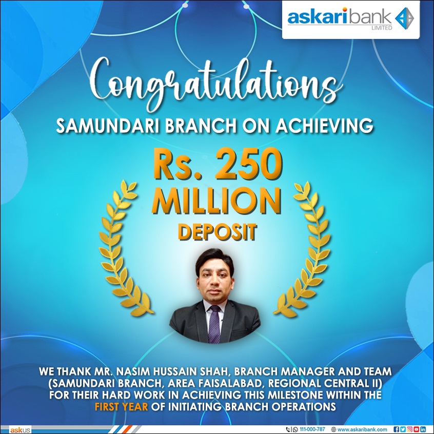 Askari_Bank's tweet photo. Congratulations Samundari Branch on achieving Rs. 250 Million Deposit within the First Year of initiating Branch Operations.
#AskariBank #BankingandFinance #BranchOperations #SamundariBranch #Deposit #Achievement https://t.co/DLy631nveo