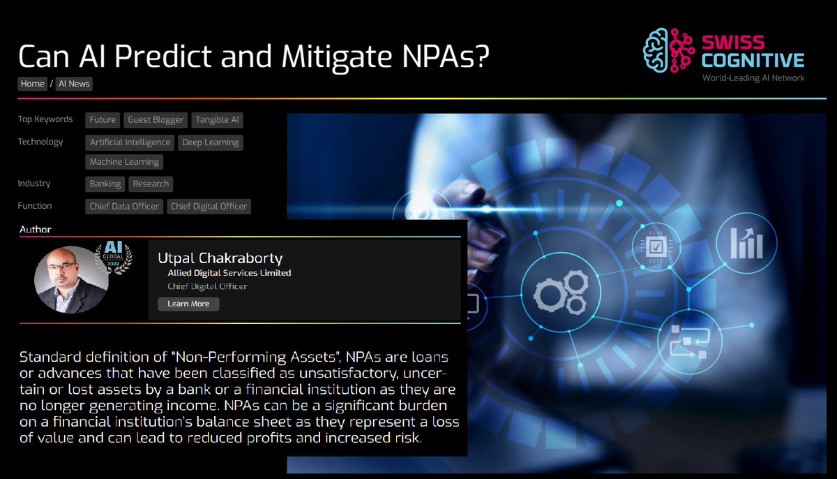 Hope you will enjoy reading ' Can AI Predict and Mitigate NPAs? '
published by @SwissCognitive , World-Leading AI Network.

swisscognitive.ch/2023/02/28/can…

#ai #artificialintelliegence #machinelearning #npa #nonperformingassets #nonperformingloans #analytics #bfsi #financialrisk