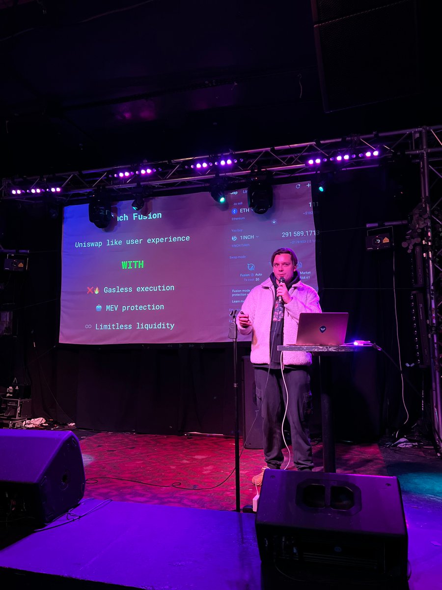 1inch's tweet image. 1/ The #1inch team are kicking it off at @EthereumDenver 🇺🇸 week!

@EnormousRage, our Backend Team Lead, just spoke at DeFi Day by @DystopiaLabs, sharing some valuable insights 💡 on the future of #DeFi and on how to implement 1inch #FusionMode.

#ETHDenver2023
