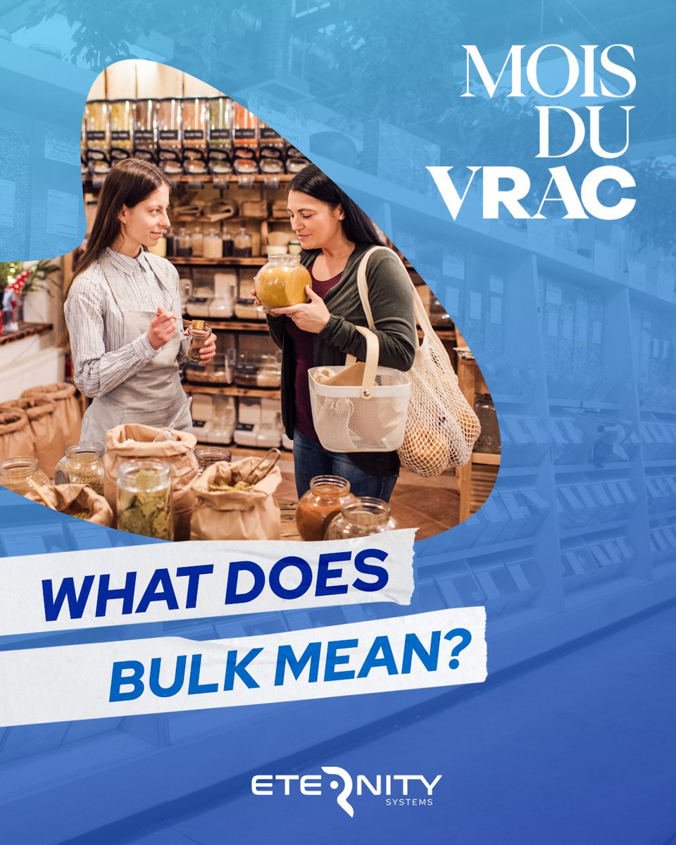 At bulk stores you need to bring your own reusable containers to buy products instead of buying pre-packaged products. 

Find out more about bulk and some of the myths surrounding it! 👉️ consommervrac.fr/tout-savoir-su…

#EternitySystems #Rethink #Reduce #Reuse #Repair #Recycle