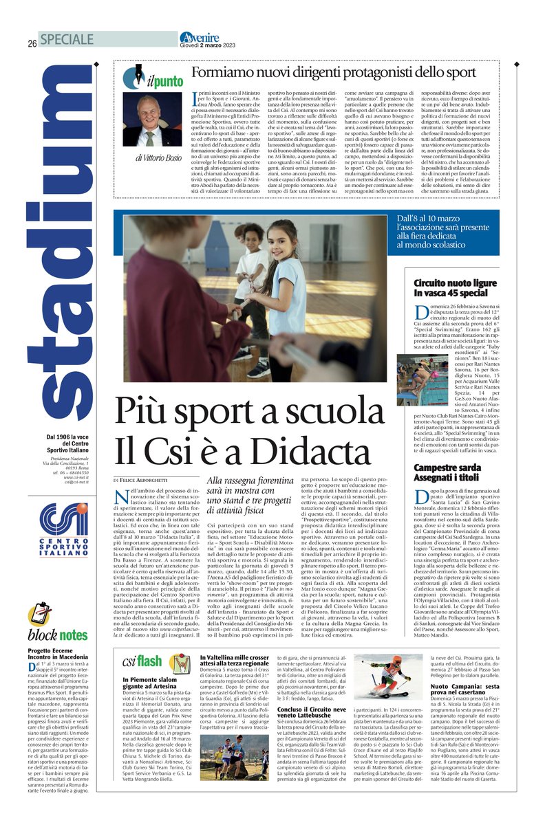 CSInazionale's tweet photo. Nella pagina #Stadium su @Avvenire_Nei di oggi:
✅ Più sport a scuola. Il CSI è a Didacta @FieraDidactaITA
✅ Progetto #Eeceme Incontro in Macedonia @EUErasmusPlus @EU_Commission @SCFormazione https://t.co/bP80u5nVhb