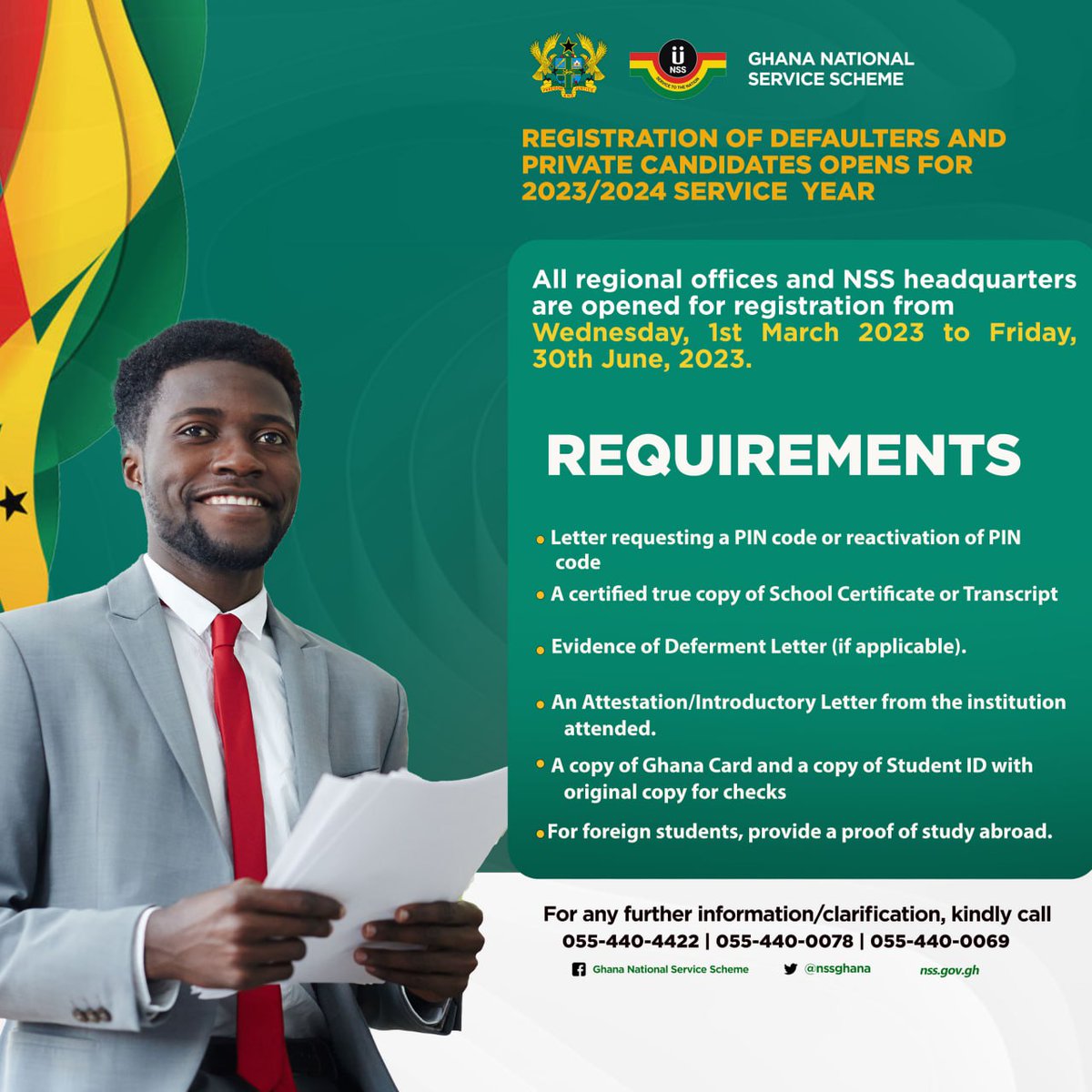 _nsagh's tweet photo. Requirements for the registration of defaulters and private candidates for the 2023/2024 service year.
#NSS
#deploymentforemployment https://t.co/oSD0Vgg11I