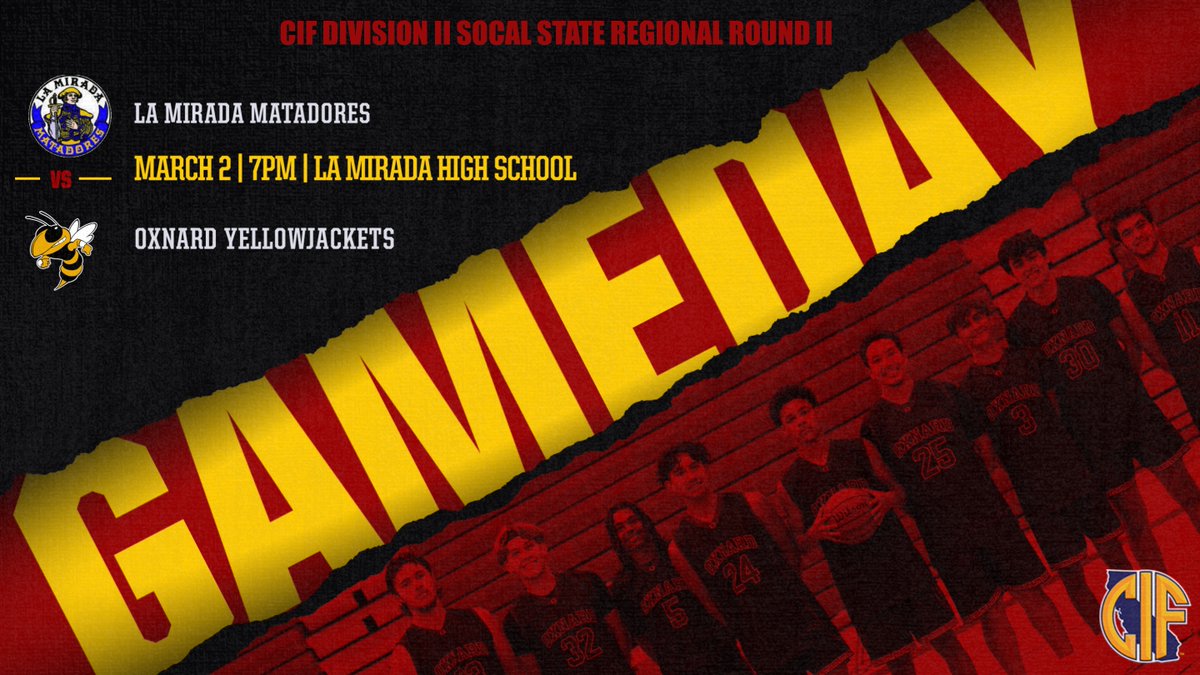 🚨GameDay 🗣️@CIFState D2 SoCal State Regional Round2 🏀Boys Basketball 🆚 La Mirada 📍La Mirada HS 13520 Adelfa Dr La Mirada, CA ⌚️7PM @RichardUrias @ohs_jackets @OxnardBBall @vcspreps @TheGaragePod @latsondheimer @pollonpreps @LACourtReport @SGVNSports @805Bball