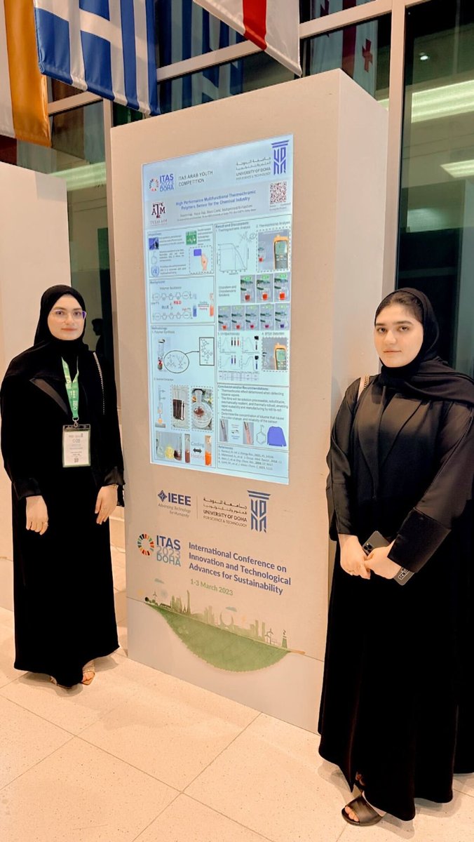 Mohammed Al-Hashimi, PhD, FRSC (@moalhashimi) on Twitter photo Excellent presentation by <a href="/reem__haji/">reem haji</a> and <a href="/Haya_Haji_/">Haya Haji</a> in the group <a href="/TAMUQ/">Texas A&M at Qatar</a> at the International Innovation and Technological Advances for Sustainability Conference (ITAS 2023 <a href="/UDSTOFFICIAL/">University of Doha for Science and Technology</a>. Well done for been shortlisted as one of the TOP 10 finalists in the competition Excellent presentation by <a href="/reem__haji/">reem haji</a> and <a href="/Haya_Haji_/">Haya Haji</a> in the group <a href="/TAMUQ/">Texas A&M at Qatar</a> at the International Innovation and Technological Advances for Sustainability Conference (ITAS 2023 <a href="/UDSTOFFICIAL/">University of Doha for Science and Technology</a>. Well done for been shortlisted as one of the TOP 10 finalists in the competition
