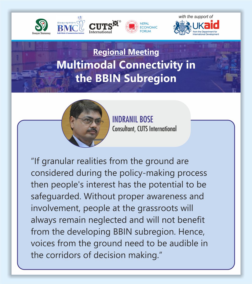CUTS M-Connect Project (@cuts_mconnect) on Twitter photo Happening Now⬇️
#Regional #Meeting on #Multimodal #Connectivity in the #BBIN #Subregion
Join at: us06web.zoom.us/j/82291693356?…
#MConnect
<a href="/bc_cuts/">Bipul Chattopadhyay</a> <a href="/unsy_org/">Unnayan Shamannay</a> <a href="/NEFNepal/">Nepal Economic Forum</a> <a href="/Bhutan_MCI/">BMCI</a> <a href="/FCDOGovUK/">Foreign, Commonwealth & Development Office</a> <a href="/Clement_Kuan/">Kuancheng Huang</a> <a href="/SecyP2DS/">Dr A Didar Singh</a> <a href="/BimstecInDhaka/">BIMSTEC</a> <a href="/ADB_HQ/">Asian Development Bank</a> <a href="/sasecprogram/">SASEC</a> <a href="/LPAI_Official/">Land Ports Authority of India</a> <a href="/IWAI_ShipMin/">IWAI</a> Happening Now⬇️
#Regional #Meeting on #Multimodal #Connectivity in the #BBIN #Subregion
Join at: us06web.zoom.us/j/82291693356?…
#MConnect
<a href="/bc_cuts/">Bipul Chattopadhyay</a> <a href="/unsy_org/">Unnayan Shamannay</a> <a href="/NEFNepal/">Nepal Economic Forum</a> <a href="/Bhutan_MCI/">BMCI</a> <a href="/FCDOGovUK/">Foreign, Commonwealth & Development Office</a> <a href="/Clement_Kuan/">Kuancheng Huang</a> <a href="/SecyP2DS/">Dr A Didar Singh</a> <a href="/BimstecInDhaka/">BIMSTEC</a> <a href="/ADB_HQ/">Asian Development Bank</a> <a href="/sasecprogram/">SASEC</a> <a href="/LPAI_Official/">Land Ports Authority of India</a> <a href="/IWAI_ShipMin/">IWAI</a>