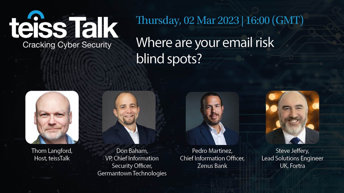 TEISS's tweet photo. When it comes to BEC attacks, how can we better understand how cyber-criminals are using the five types of scams? 

Join #teissTalk Host @ThomLangford at 16:00 today!

You can find out more and register here: https://t.co/gIhgVLmsHo
#BECattack #Emailsecurity #scams https://t.co/k70iYx6bam