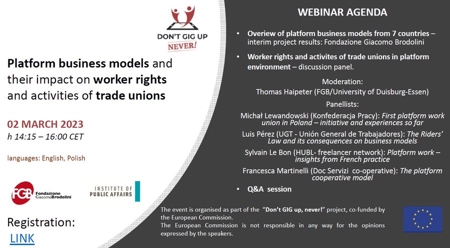 centrostudidoc's tweet image. Alle 14 webinar &quot;I modelli di business delle piattaforme e il loro impatto sui diritti dei lavoratori e sulle attività sindacali&quot;. La nostra direttrice presenterà @docservizi 

Per iscriversi: bit.ly/3ImT0bI

@ISPThinkTank @FondazBrodolini 

#gigeconomy #platformcoop