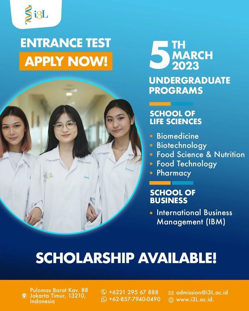Hi, Fellas! Join us at i3L Entrance Test on 5th March 2023 and get to know more about us. Date : 5 March 2023 Loc: i3L (Pulomas Barat Kav 88, Jakarta Timur, 13210, Indonesia)