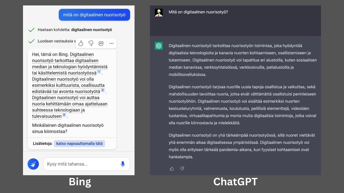 Kysyin kahdelta AI-chatilta: mitä on digitaalinen nuorisotyö? #bing #chatgpt #nuorisotyö Jotenkin ChatGPT:n toteama oli alustavetoista, kun Bing näki asian laajemmin.