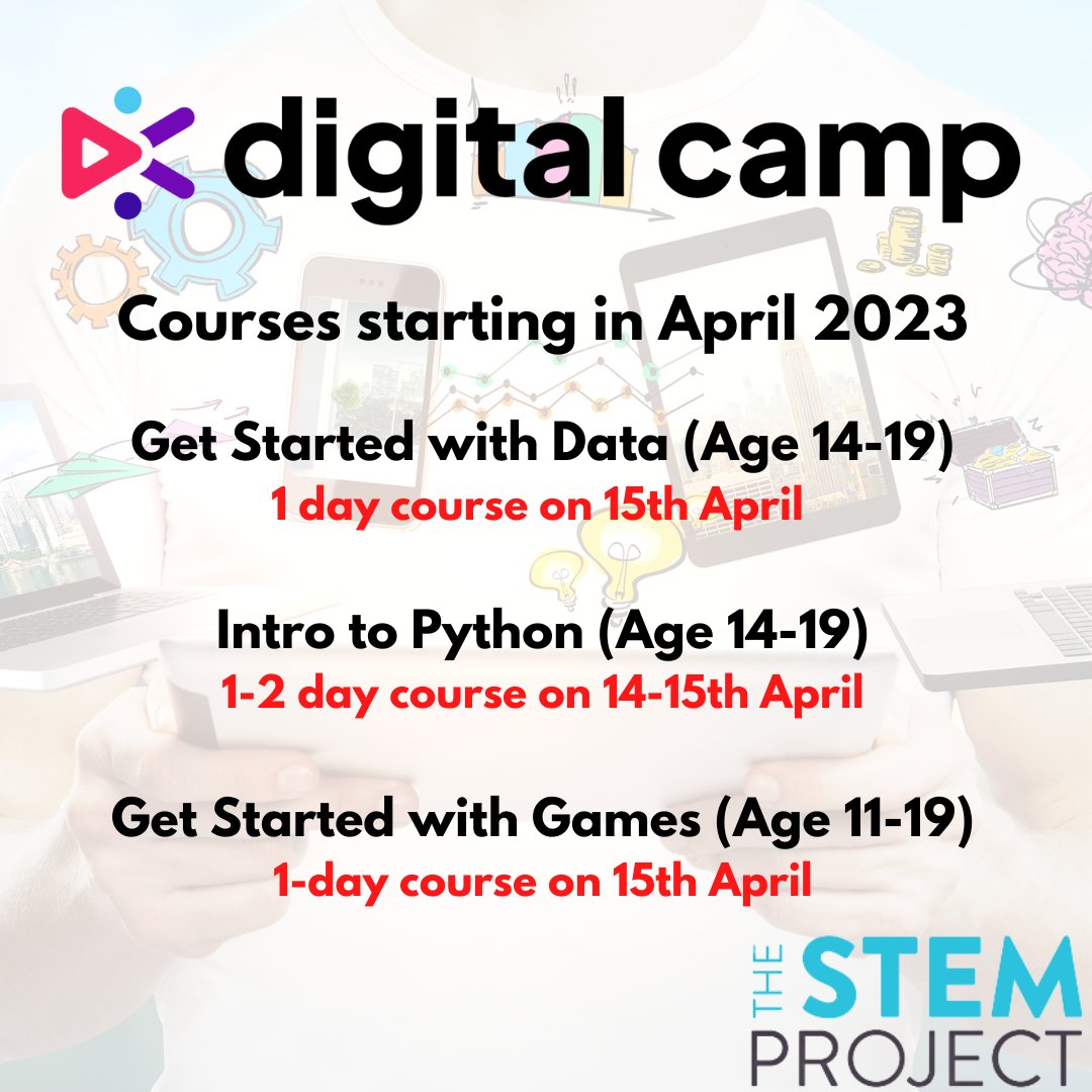 TheSTEMProject3's tweet image. Aged 11-19? Interested in STEM? Discover, connect, and play with cutting-edge tech with Digital Camps courses starting in April.

Find out more: 
ow.ly/ijwo50N5Hht

Book your place:
ow.ly/GNr050N5Hhr

#STEM #STEAM #TheSTEMProject #STEMEducation #DigitalCamp