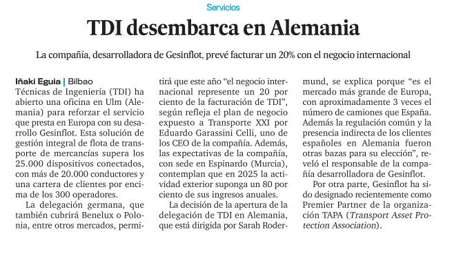 gesinflot's tweet photo. 💥No te pierdas el artículo que la revista Transporte XXI ha publicado sobre #TDI y la salida al mercado alemán📰👇🏽

#gesinflot #DatalizaTuFlota #internacionalizacion #gestiondeflotas https://t.co/gyulNPmfcs
