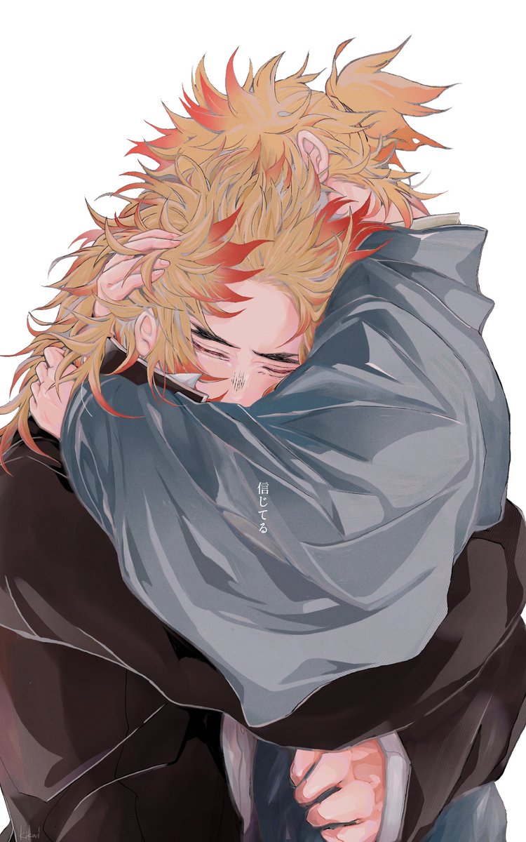 rengoku kyoujurou forked eyebrows hug blonde hair multiple boys 2boys male focus japanese clothes  illustration images