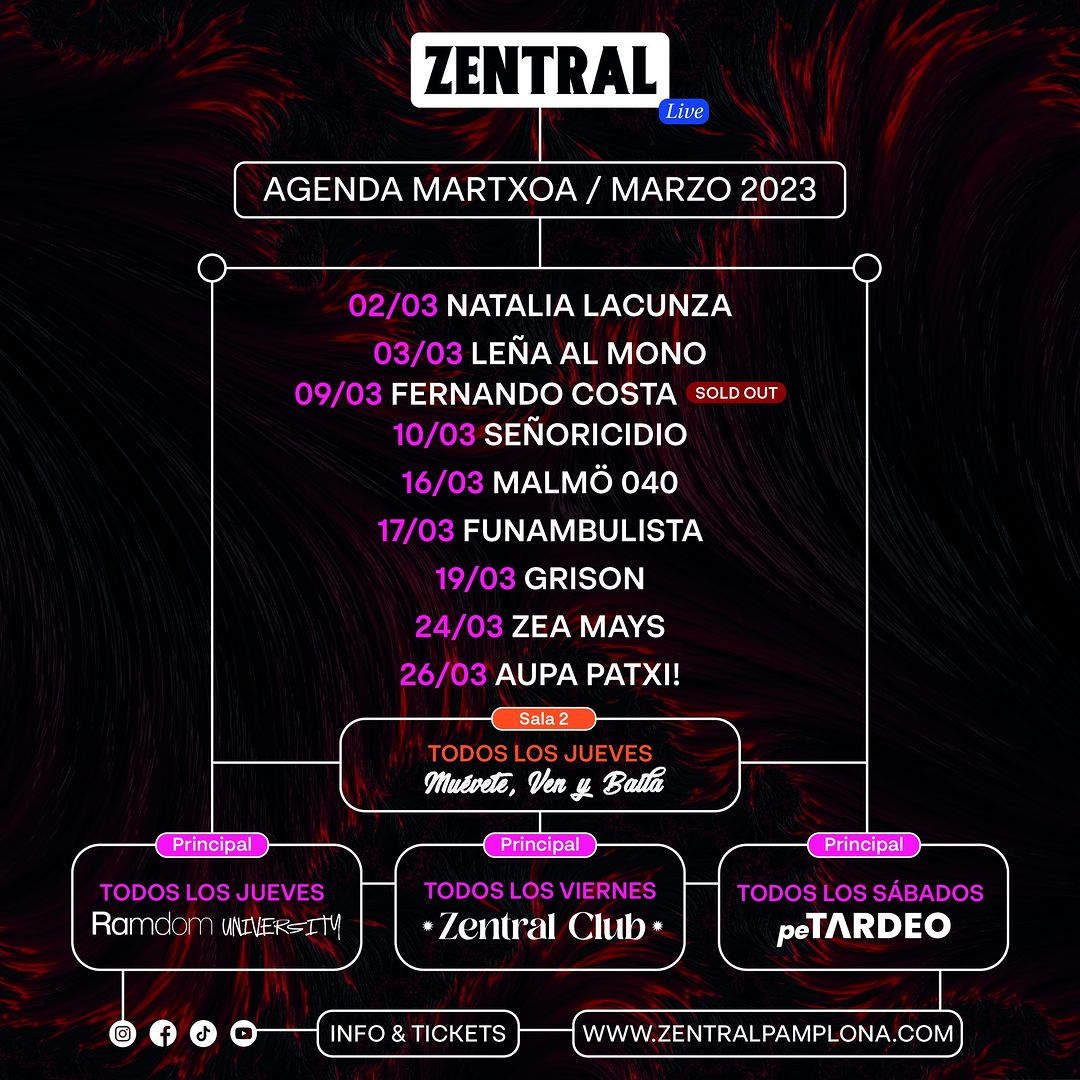 ¡Agenda conciertos/eventos de marzo! 🎤🎧

🎟️ Entradas disponibles en zentralpamplona.com