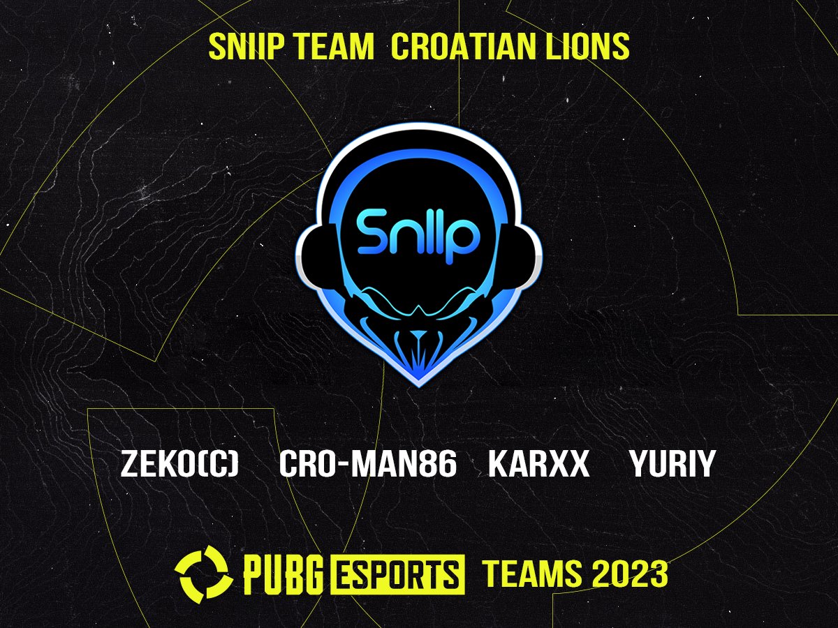 Next one #EMEA <a href="/PUBGEsports/">PUBG Esports</a> team in 2023 will be
🇭🇷SNIIP TEAM - "Croatian lions"🦁
Team roster:
Zeko (IGL/Captain <a href="/ZEKOPUBG/">ZEKO</a>), Karxx (<a href="/karxxPUBG/">Karlo Kemfelja</a>), Yuriy (<a href="/yuriycro/">Yuriy</a>), CRO-MAN86(<a href="/CroMan86/">Croman86</a>)

All rosters confirmd

<a href="/LiquipediaPUBG/">Liquipedia PUBG</a> <a href="/ItsNemra/">itsNemra</a> <a href="/sniipgg/">sniip team</a>