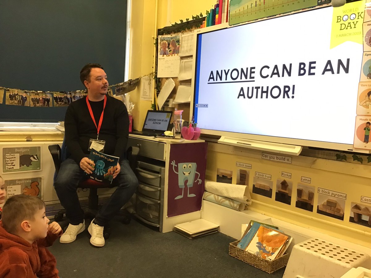 StPPPrimaryRec's tweet photo. We have had a wonderful start to World book day with a visit from Author Karl Rowlands.  He told us all about being an author. We also got to be the first people to hear his brand new story.  It was amazing! #WorldBookDay2023 @KarlRowlands https://t.co/t0XaMXeD51