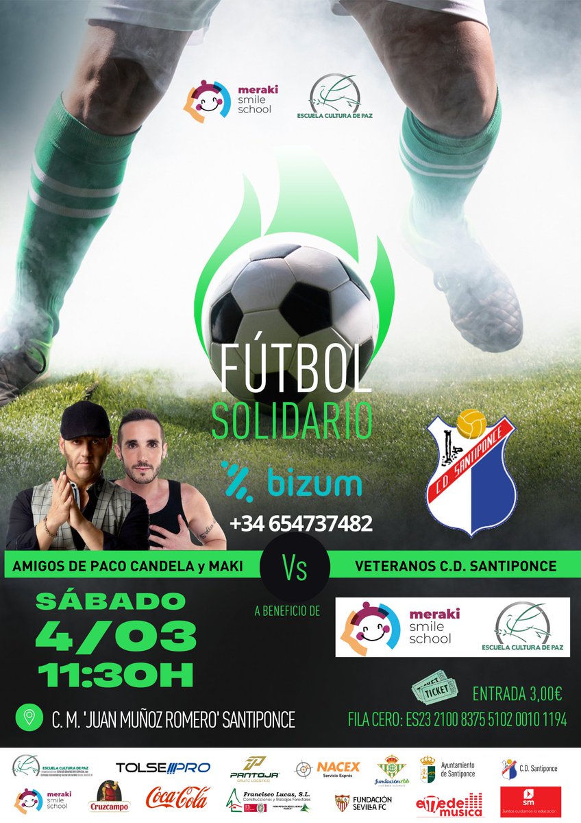SantiponceAyto's tweet photo. Santiponce acoge EL fútbol solidario organizado por Escuela Cultura de Paz
te esperamos el sábado a las 11:30h 
consigue tu entrada por 3€ en el ambigú del CAMPO MUNICIPAL DE SANTIPONCE.

#ANÍMATEACOLABORAR
#SANTIPONCESOLIDARIO 
@infosantiponce @Paco__Candela @Makioficial https://t.co/IcT4d4bDXh