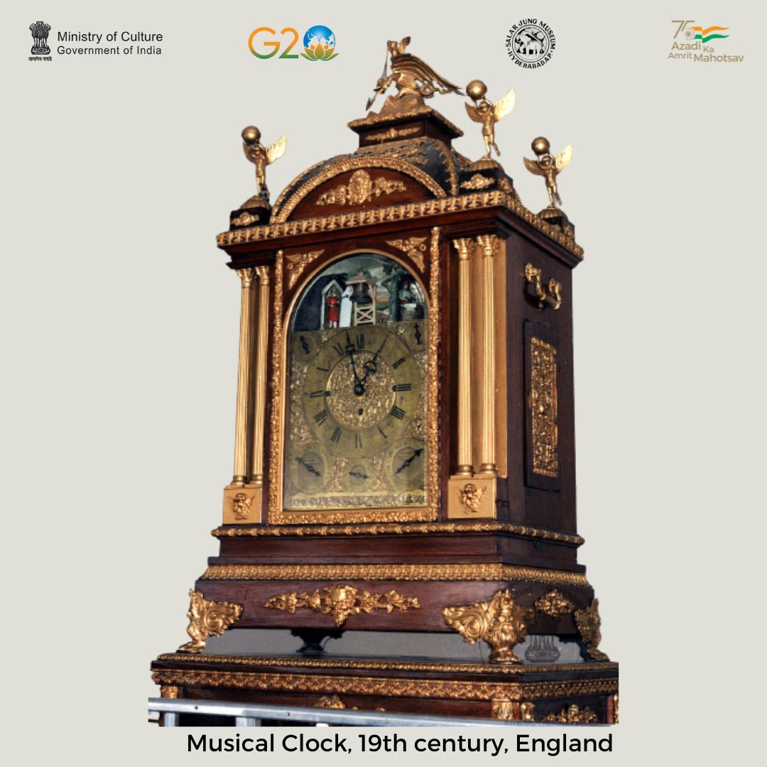 sjmhyd's tweet image. This musical – clock is a star attraction to visitors of all ages. A miniature soldier figure comes out of an enclosure and strikes the gong at each hour and gets back to the enclosure. 
#SalarJungMuseum #MusicalClock #heroobject