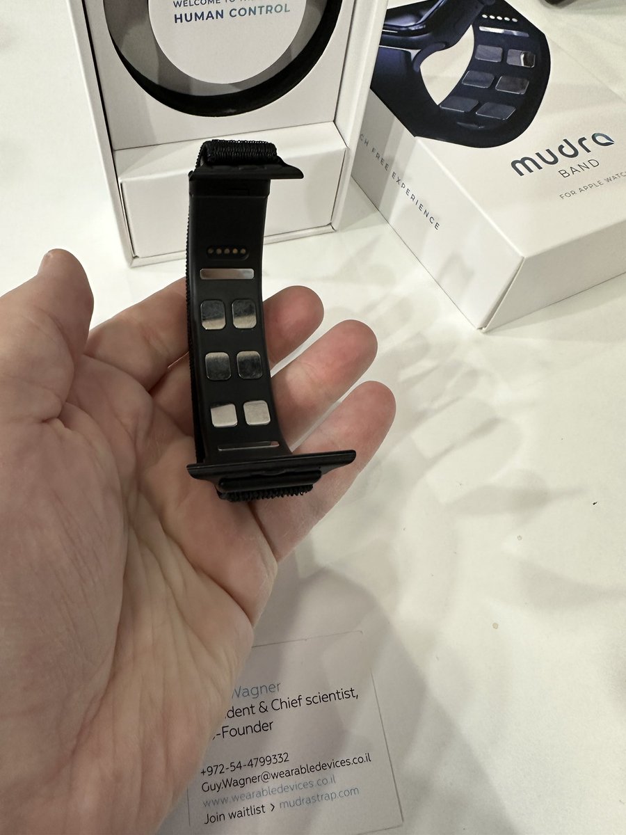 greengart's tweet photo. Great demo from @WLDS_Ltd (#WearableDevices) at #MWC2023 showing neural gesture control over Apple ecosystem devices with just a #Mudra Apple Watch band. Shipping soon. Wild sci-fi gadget today, but… /🧵 https://t.co/vOFQ02j5Ej