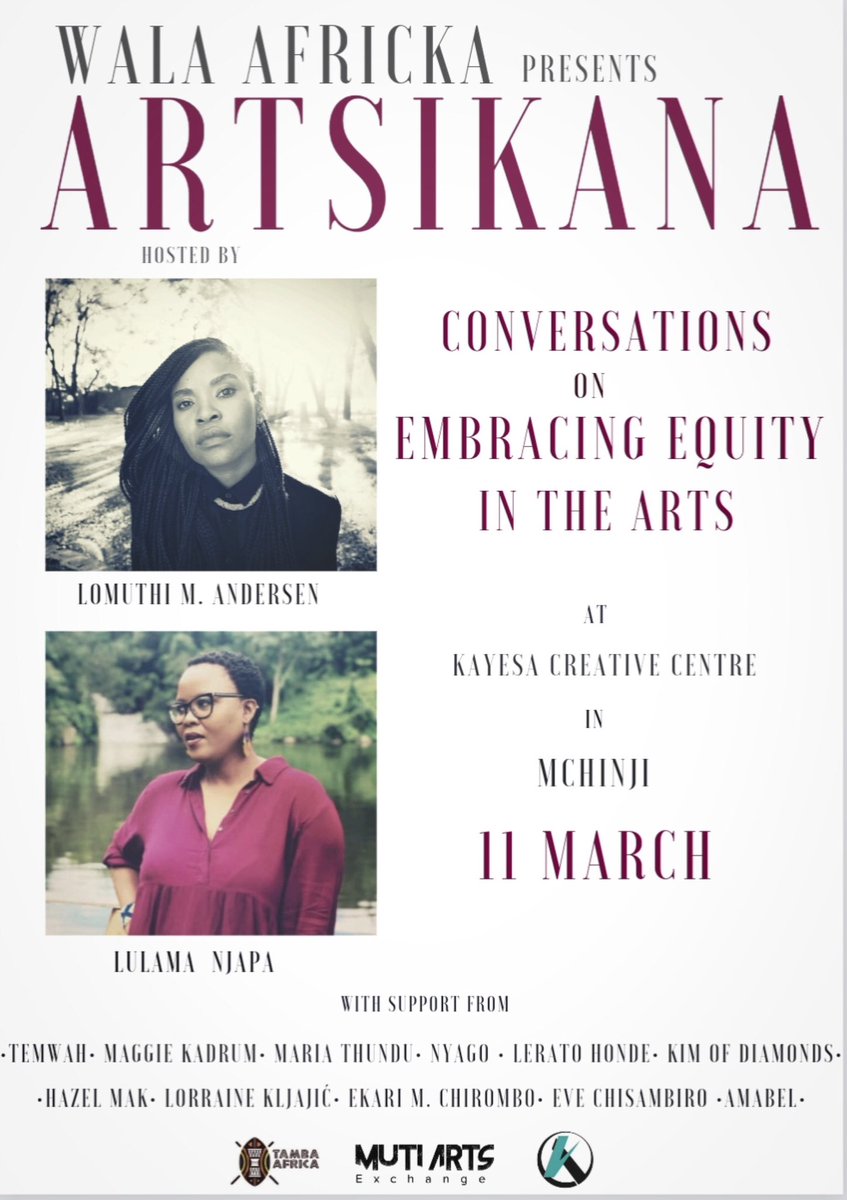 9 days to go

What would equity look like for female artists in Malawi?

#ArtSikana #WalaAfrickaMw #WalaAfrickaSA  #WalaAfricka #Malawi #ArtFreedom #ArtEquity #ARTSIKANAConversations #InternationalWomensDay #IWD23 #InternationalWomensDay2023