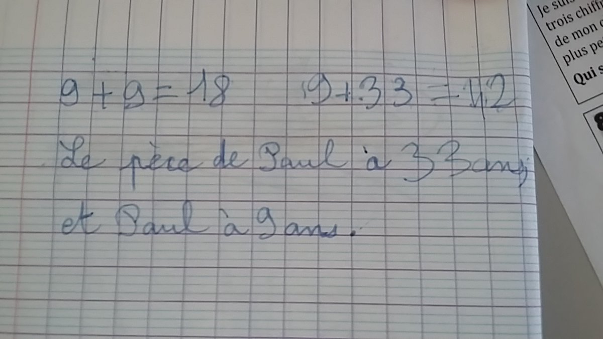 SaintCm1's tweet photo. @DefiEurekaMaths @mathsenvie @aefeinfo @eduscol_prim @mlfmonde Nous avons trouvé 9 ans pour Paul et 33 ans pour son papa. Nous sommes prêts pour la semaine des maths la semaine prochaine!! 🤗 https://t.co/3TKaaX455D