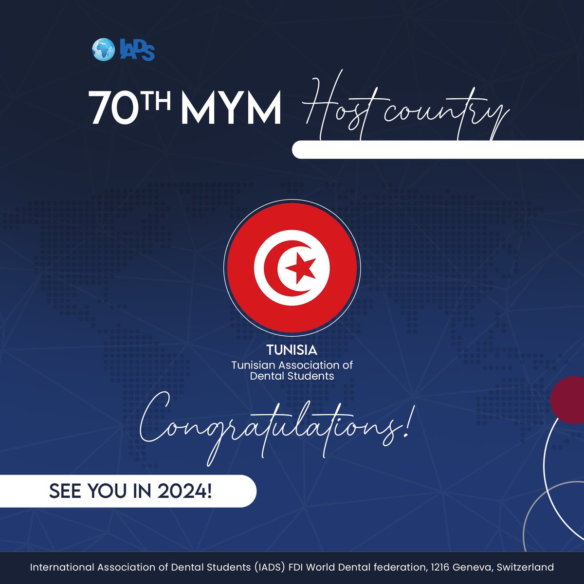 Congratulations to Tunisian Association of Dental Students to be chosen as a host country for the 70th MidYear Meeting in 2024! See you there!