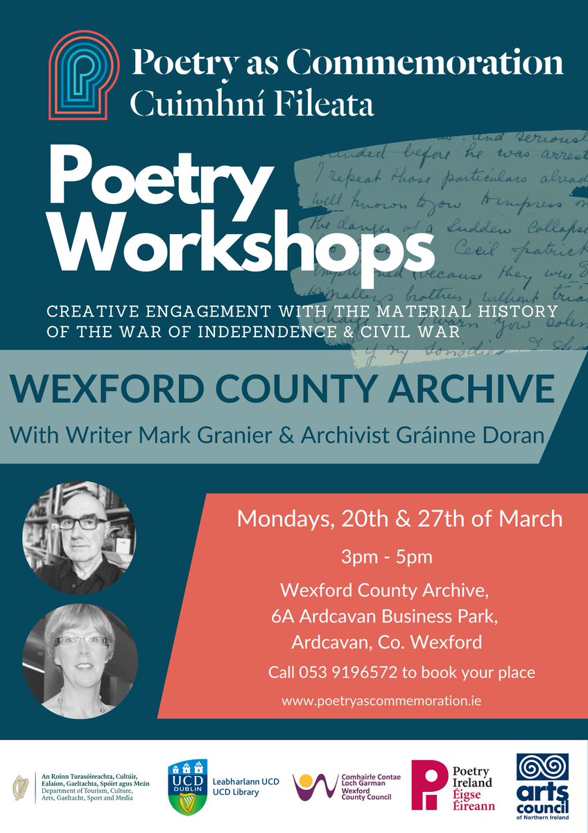 📢Wexford writers Check out our creative writing workshops w/ writer @MarkGranier using War of Independence & Civil War materials from @WexArchives Limited places available. Book today! RTs appreciated🙏 @poetryireland @wexfordcoco @CivilWarWexford