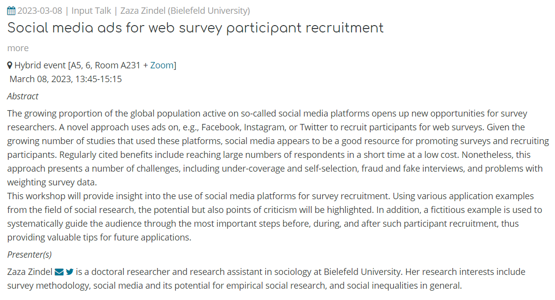 @mzes-ssdl.bsky.social (@mzes_ssdl) on Twitter photo 🚨Join us next week for <a href="/ZazaZindel/">Zaza Zindel</a>'s input talk on "Social media ads for web survey participant recruitment"
🗓️Wed, Mar 08, 13:45-15:15 CET (hybrid)
🔗mzes.uni-mannheim.de/socialscienced… 🚨Join us next week for <a href="/ZazaZindel/">Zaza Zindel</a>'s input talk on "Social media ads for web survey participant recruitment"
🗓️Wed, Mar 08, 13:45-15:15 CET (hybrid)
🔗mzes.uni-mannheim.de/socialscienced…