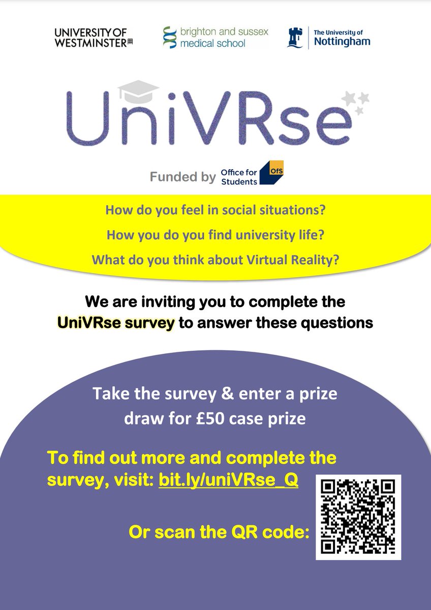 We would love to hear from #UKUniversityStudents about how they find life at their #UKUniversity and their thoughts on #VR🙂

Go to bit.ly/uniVRse_Q or scan the code below

Pls #RT! 

#Unimentalhealthday #studentmentalhealth #mentalhealth #psychology #psychologyresearch