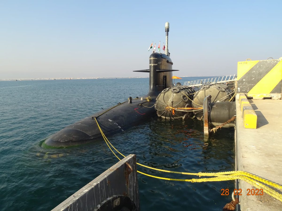 Defence_Nation's tweet photo. INS Vela (S24), the Scorpène class Submarine of Indian Navy is currently deployed at #Salalah, Oman.

It is deployed for an Operational Turn Round (OTR) to enhance security in #IOR &amp; engages closely with all maritime neighbors. 🇮🇳🇴🇲

#IndianNavy #INSvela #Oman #Submarines https://t.co/Pjw7PbO4sy