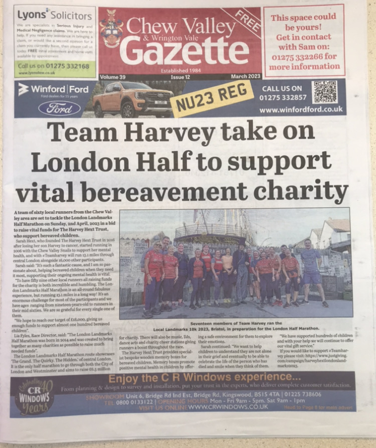 We are very grateful to have such wonderful support from The Chew Valley Gazette.
You can read the full story online at: lnkd.in/ezVhaHks
If you would like to Sponsor any member of Team Harvey (Including Me 😊🤞) please visit our JG Page:
justgiving.com/campaign/harve…
<a href="/LLHalf/">London Landmarks Half Marathon</a>